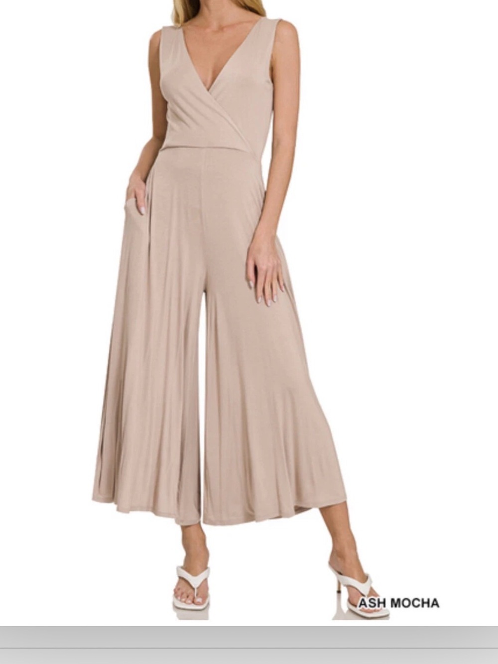 Zenana Outfitters Sleeveless Wide-Leg Jumpsuit in Ash Mocha Size M